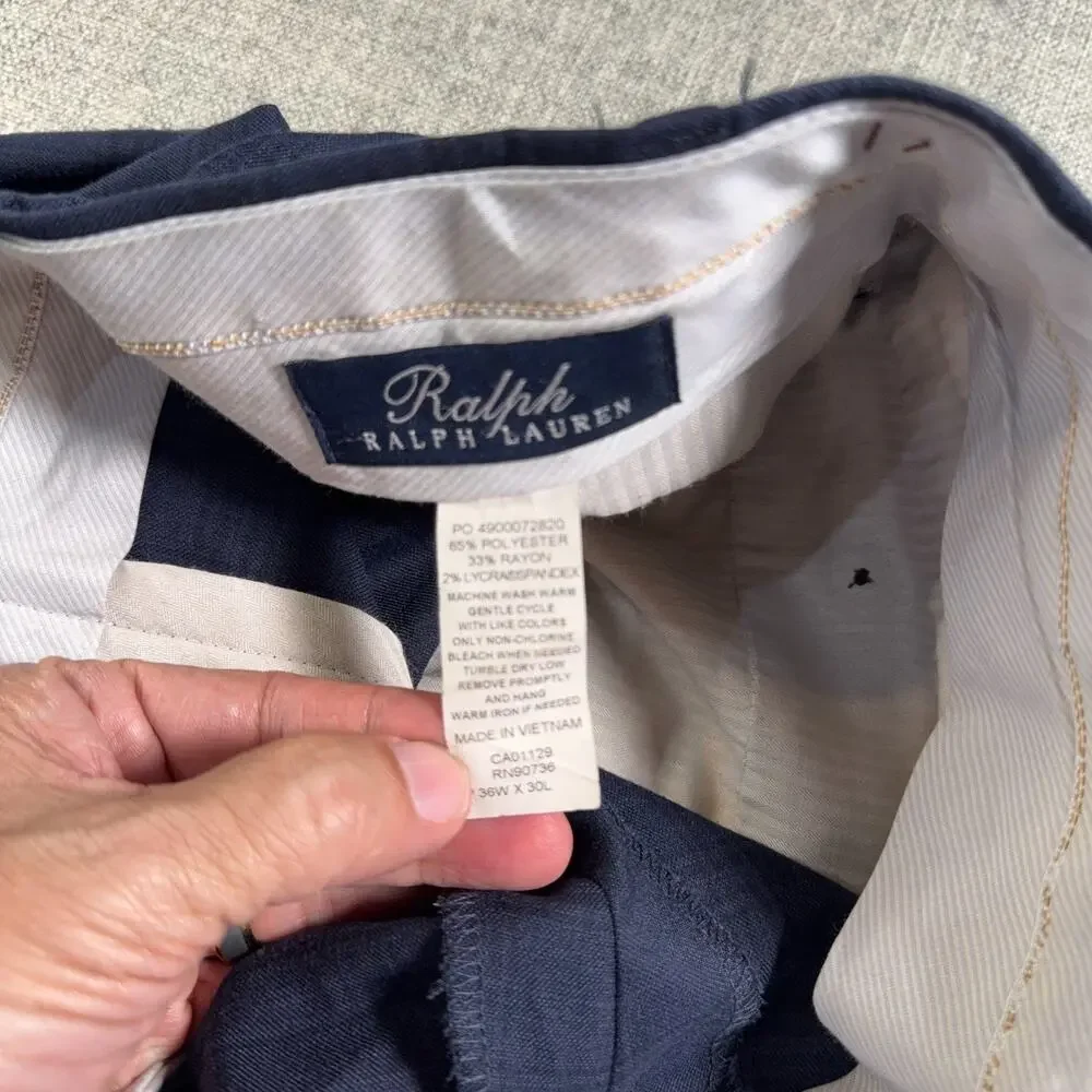 Ralph Lauren Mens Dress Pants 36x30 Navy Plaid Pleated Cuffed Stretch